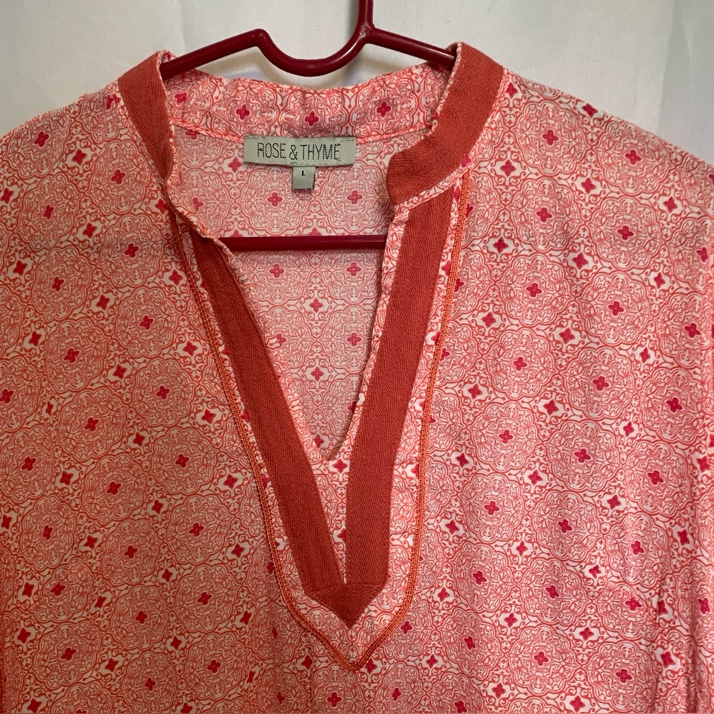 Rose & Thyme Sheer Blouse Top 100% Cotton V-neckline Pink Red Patterned Large